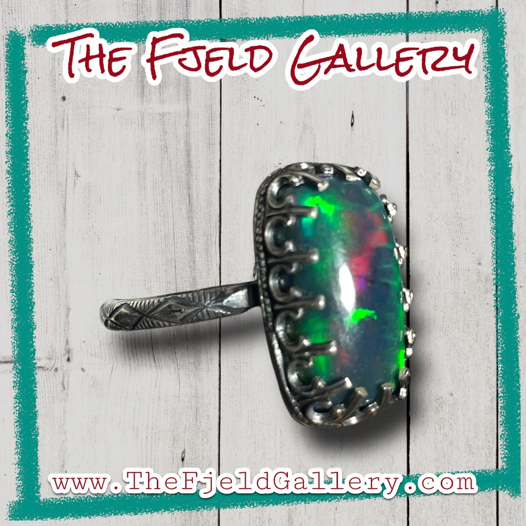 Handmade Ethiopian Black Green Opal Gemstone Sterling Ring