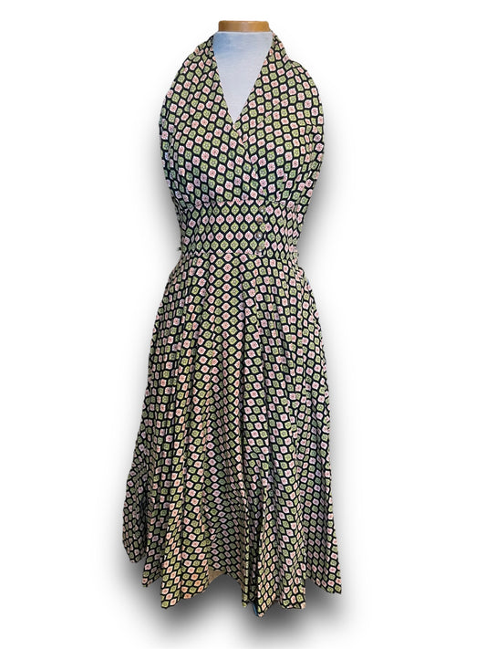 Vintage Green & Pink Floral Geometric Patterned Halter Dress
