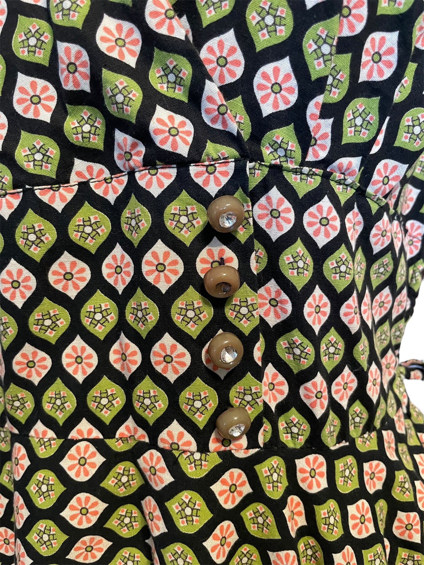 Vintage Green & Pink Floral Geometric Patterned Halter Dress