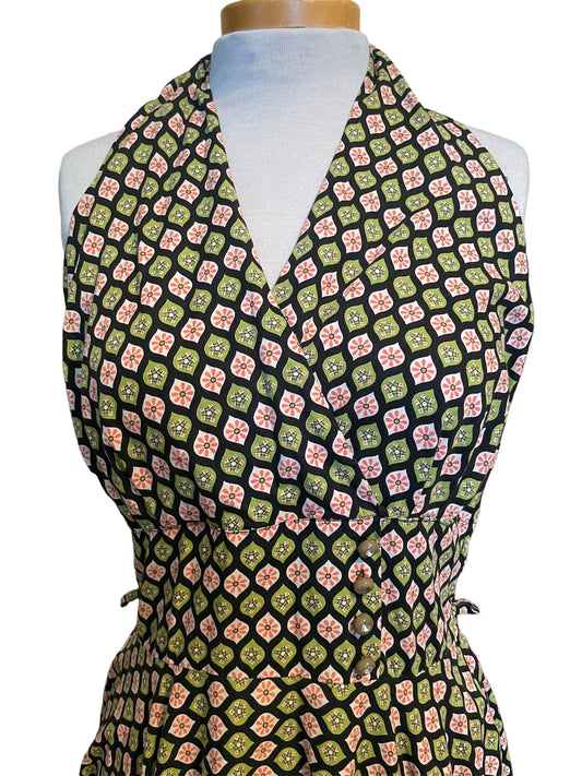 Vintage Green & Pink Floral Geometric Patterned Halter Dress