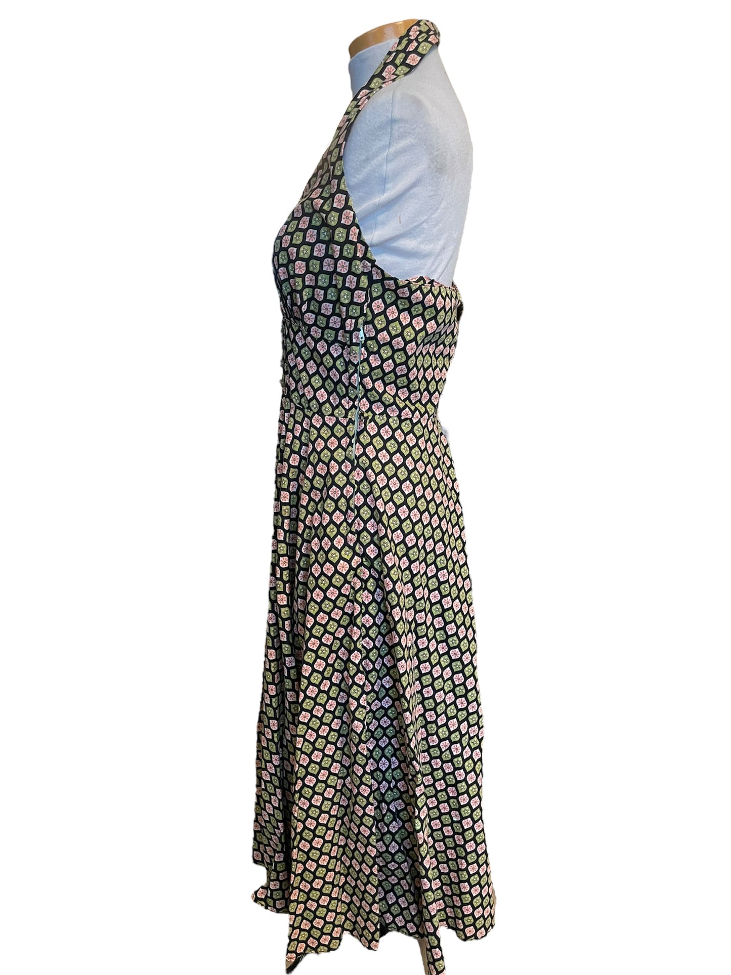 Vintage Green & Pink Floral Geometric Patterned Halter Dress