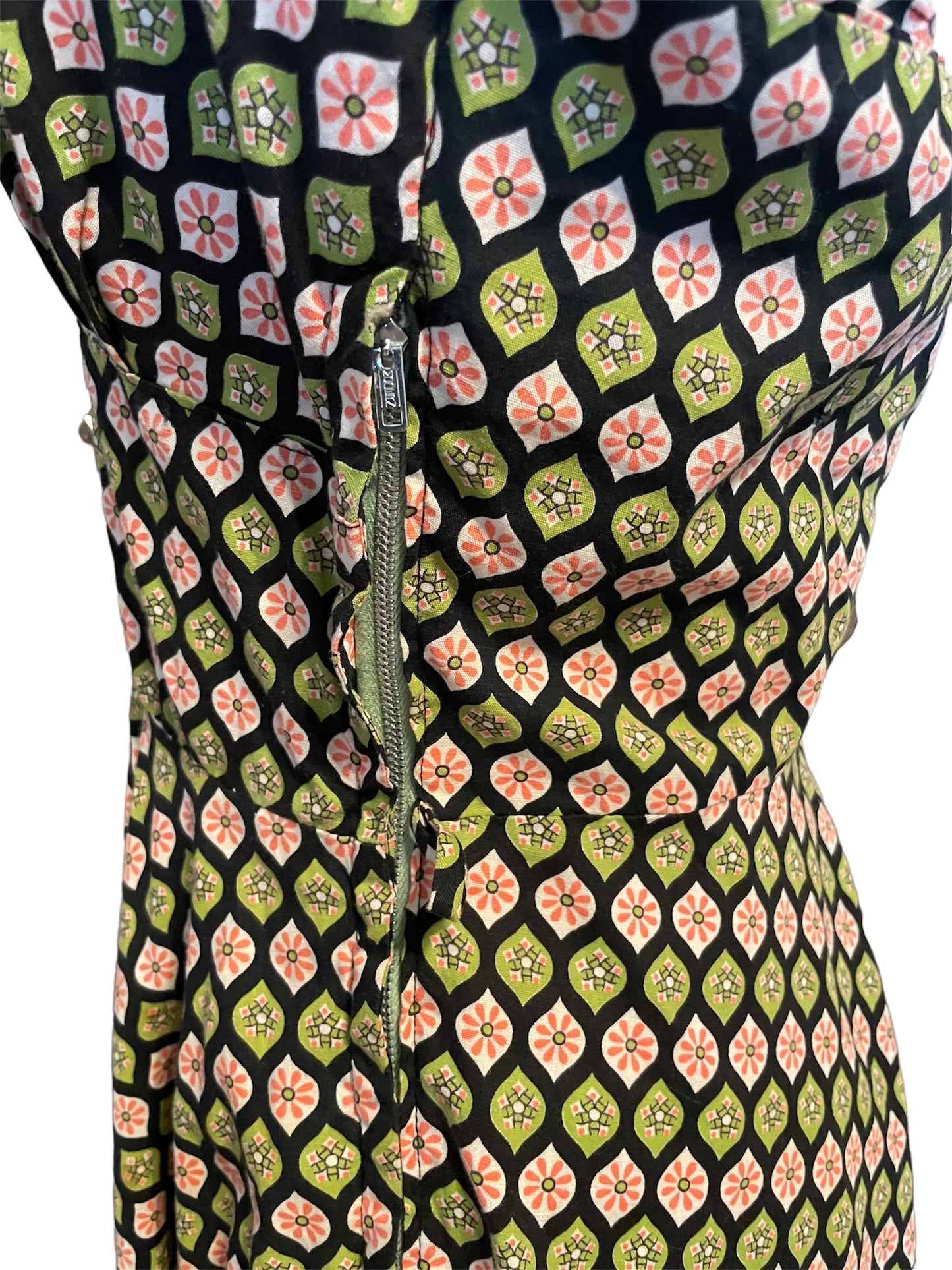 Vintage Green & Pink Floral Geometric Patterned Halter Dress