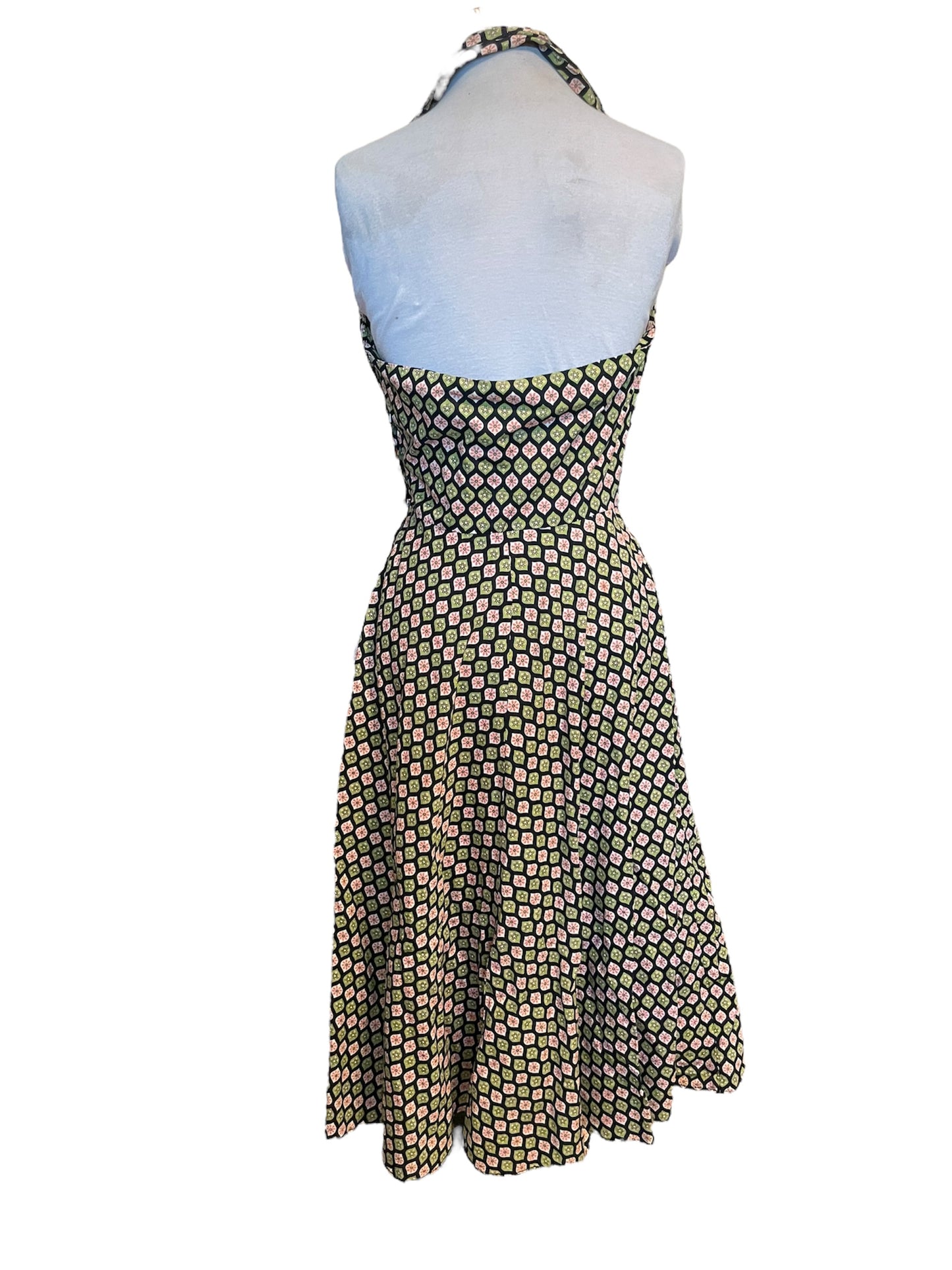 Vintage Green & Pink Floral Geometric Patterned Halter Dress