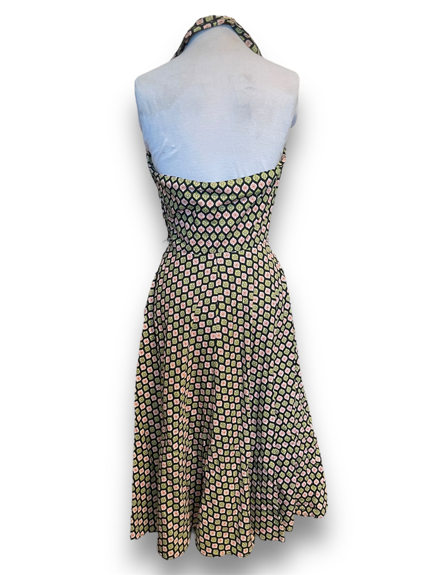 Vintage Green & Pink Floral Geometric Patterned Halter Dress