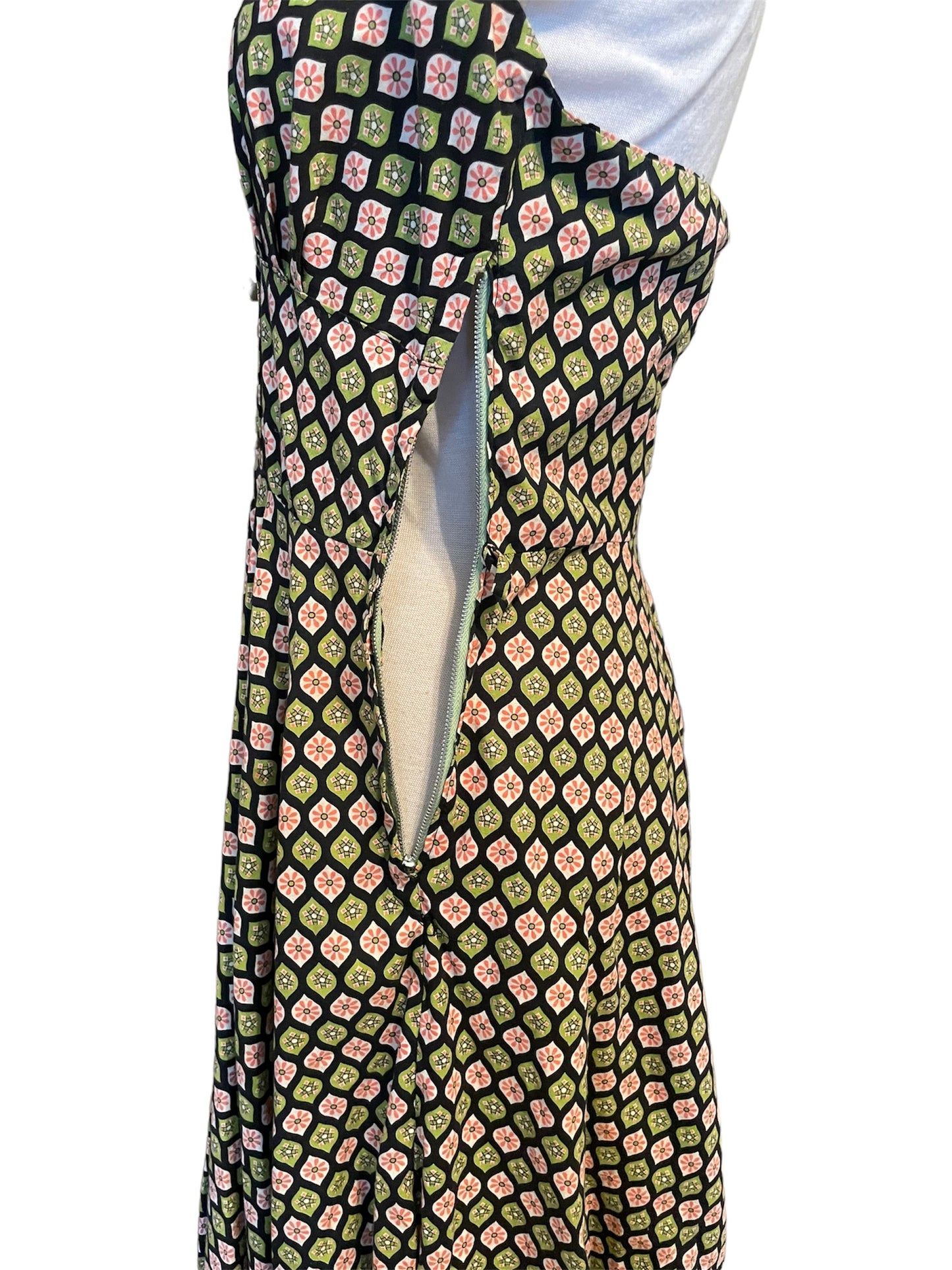 Vintage Green & Pink Floral Geometric Patterned Halter Dress