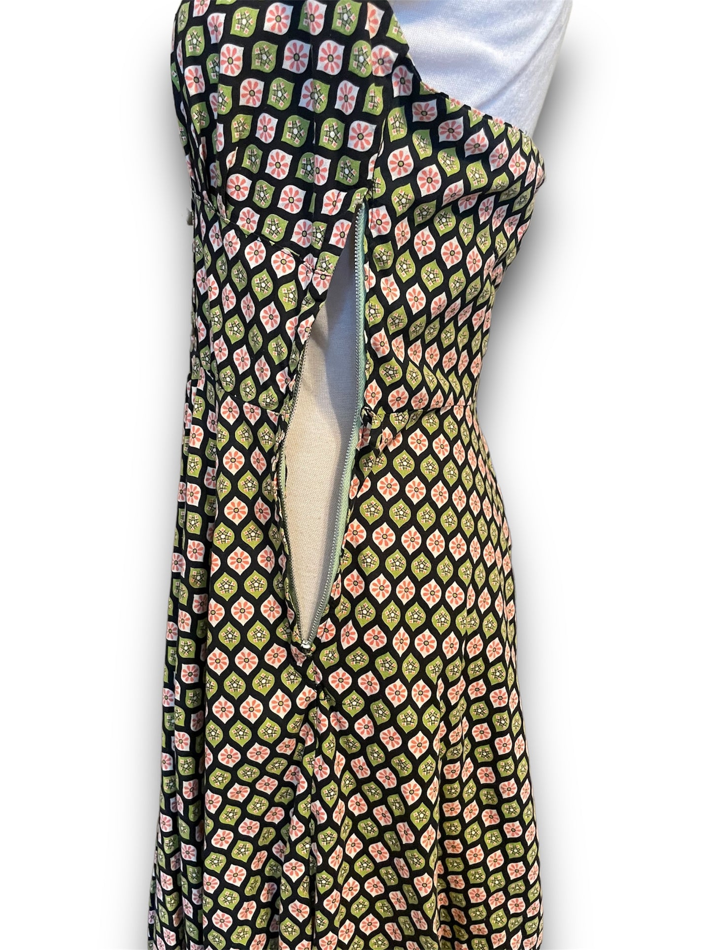 Vintage Green & Pink Floral Geometric Patterned Halter Dress