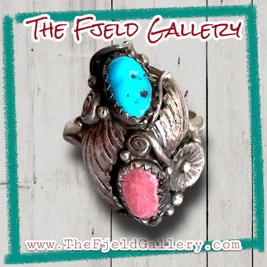 Native American Turquoise & Red Coral Sterling Silver Flower Leaf Detail Ring