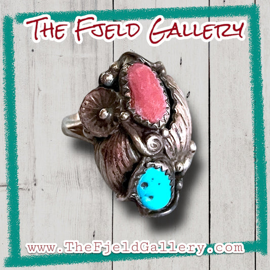Native American Turquoise & Red Coral Sterling Silver Flower Leaf Detail Ring