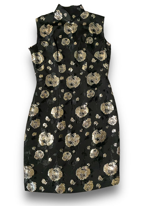 Vintage Asian Cheongsam Black & Gold Flower Embroidered Sleeveless Mini Dress
