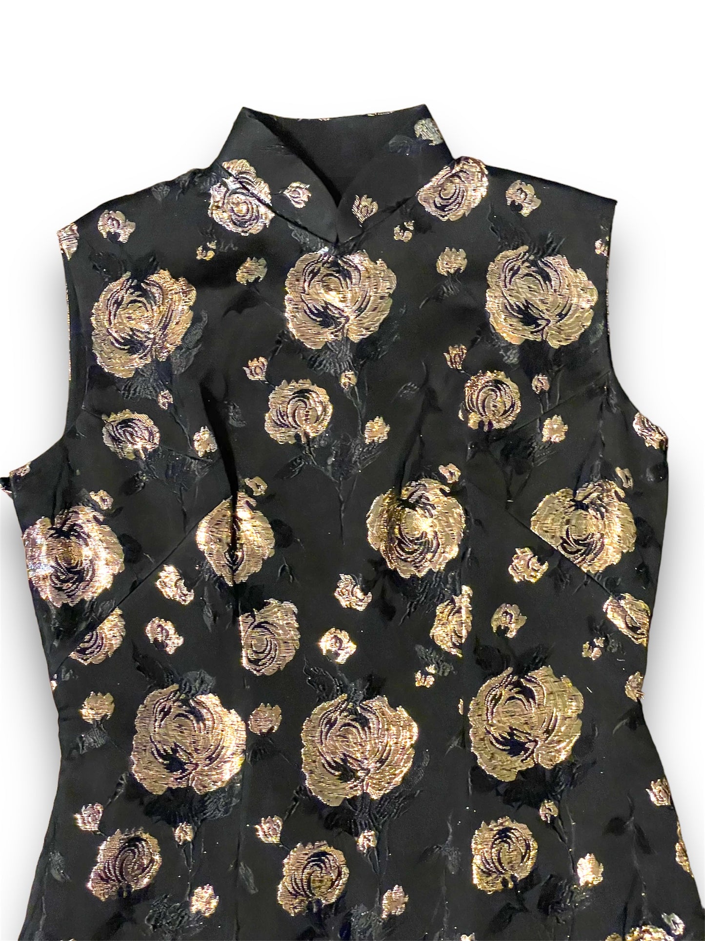 Vintage Asian Cheongsam Black & Gold Flower Embroidered Sleeveless Mini Dress