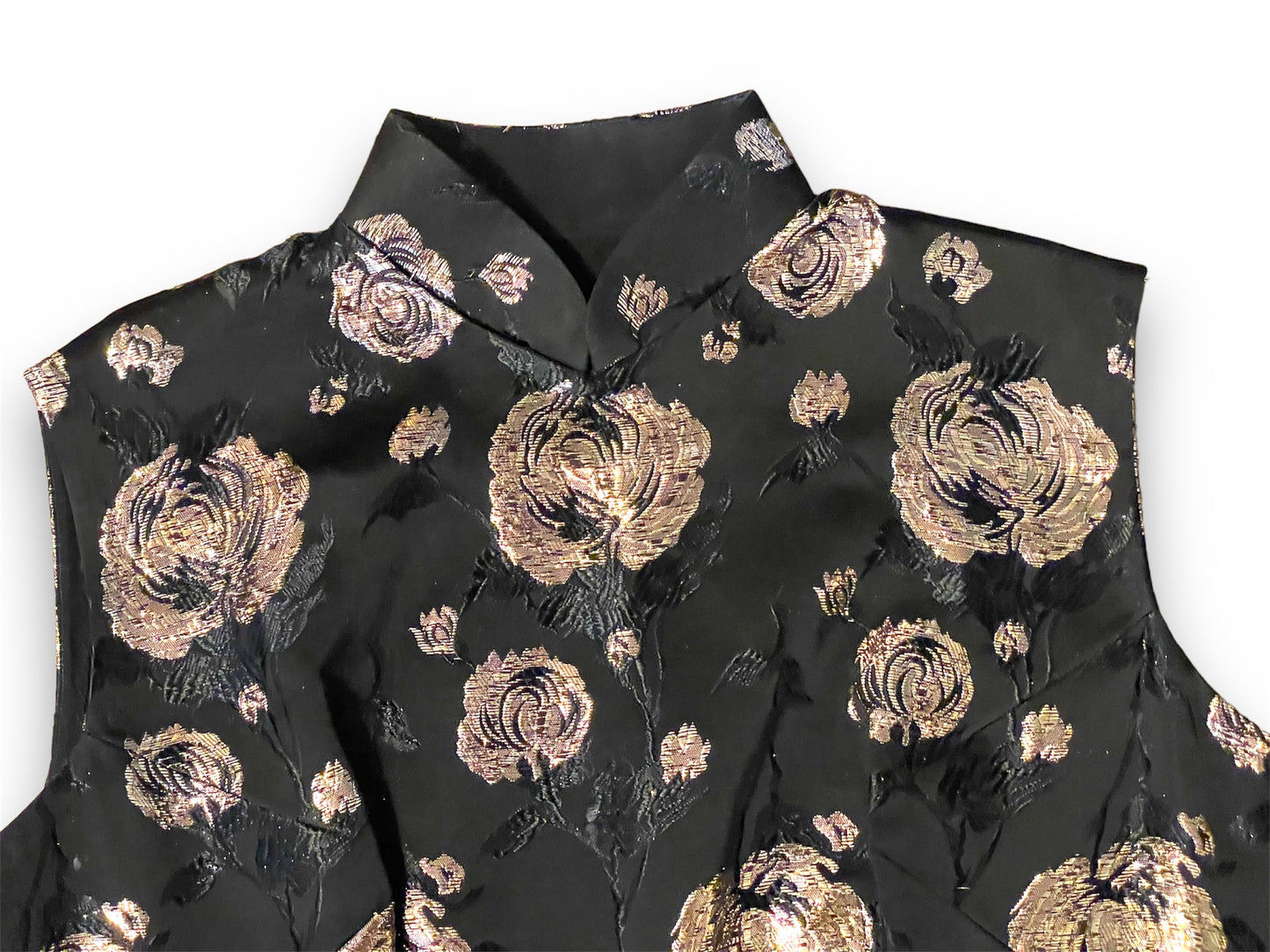 Vintage Asian Cheongsam Black & Gold Flower Embroidered Sleeveless Mini Dress