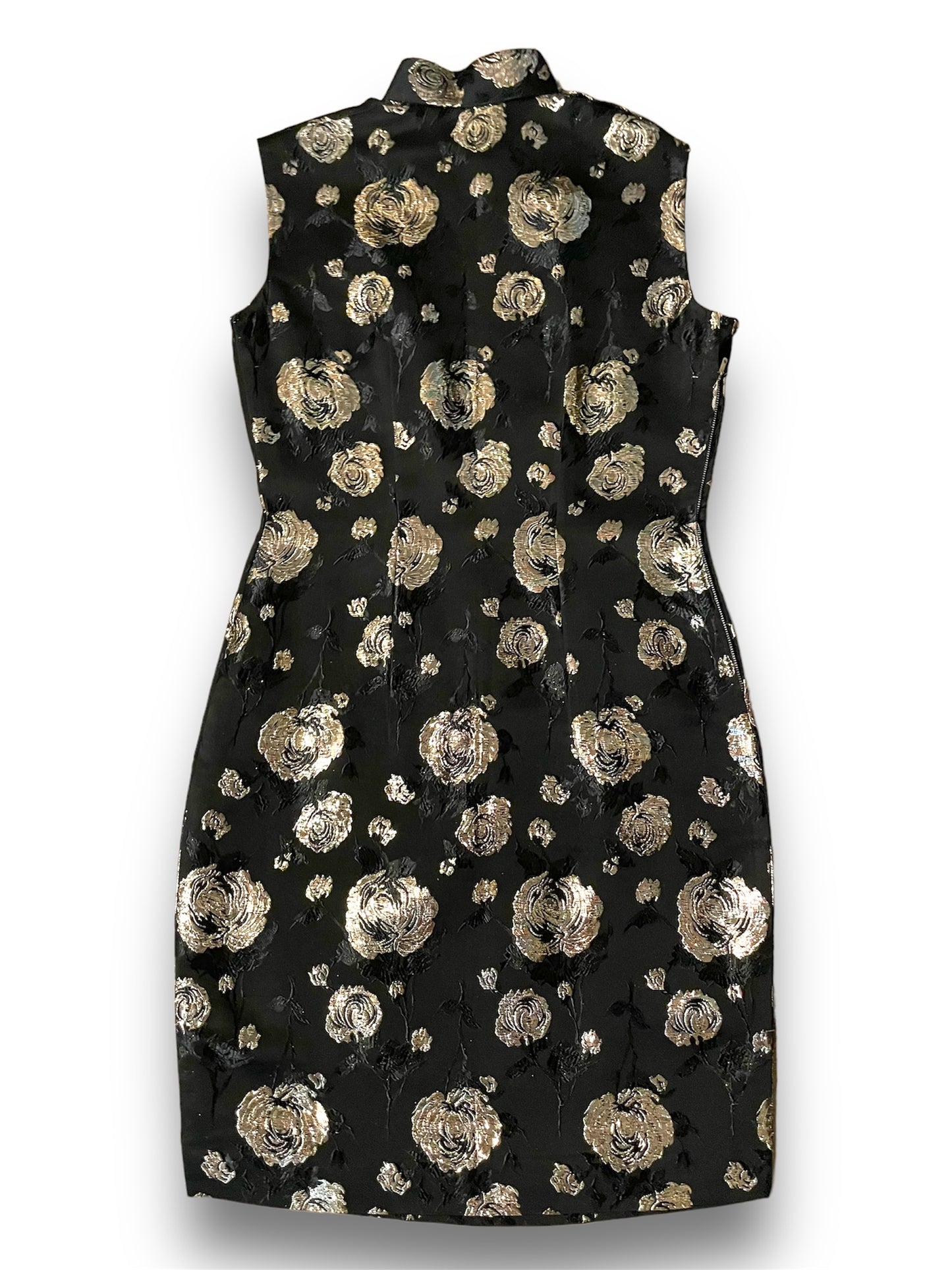 Vintage Asian Cheongsam Black & Gold Flower Embroidered Sleeveless Mini Dress