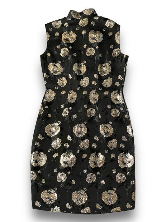 Vintage Asian Cheongsam Black & Gold Flower Embroidered Sleeveless Mini Dress
