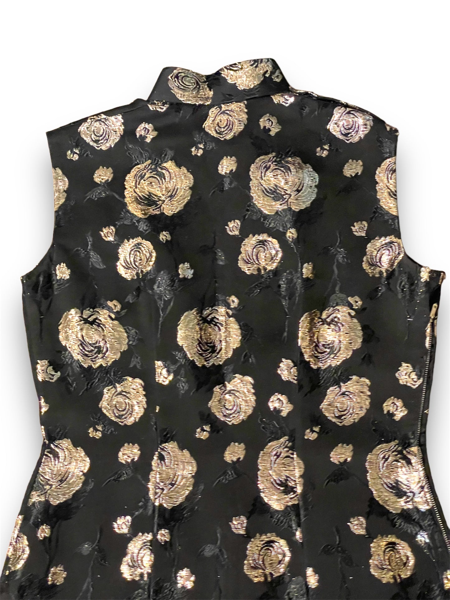 Vintage Asian Cheongsam Black & Gold Flower Embroidered Sleeveless Mini Dress