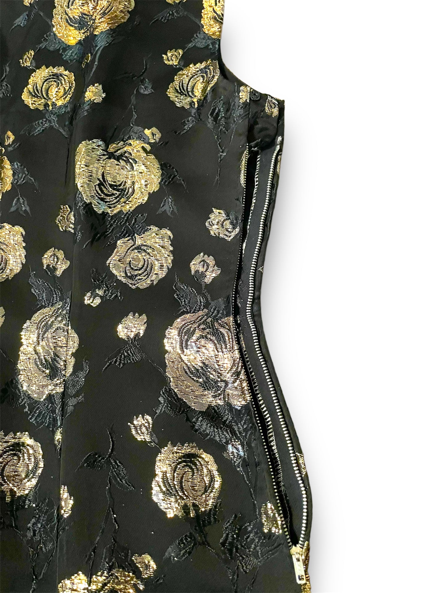 Vintage Asian Cheongsam Black & Gold Flower Embroidered Sleeveless Mini Dress
