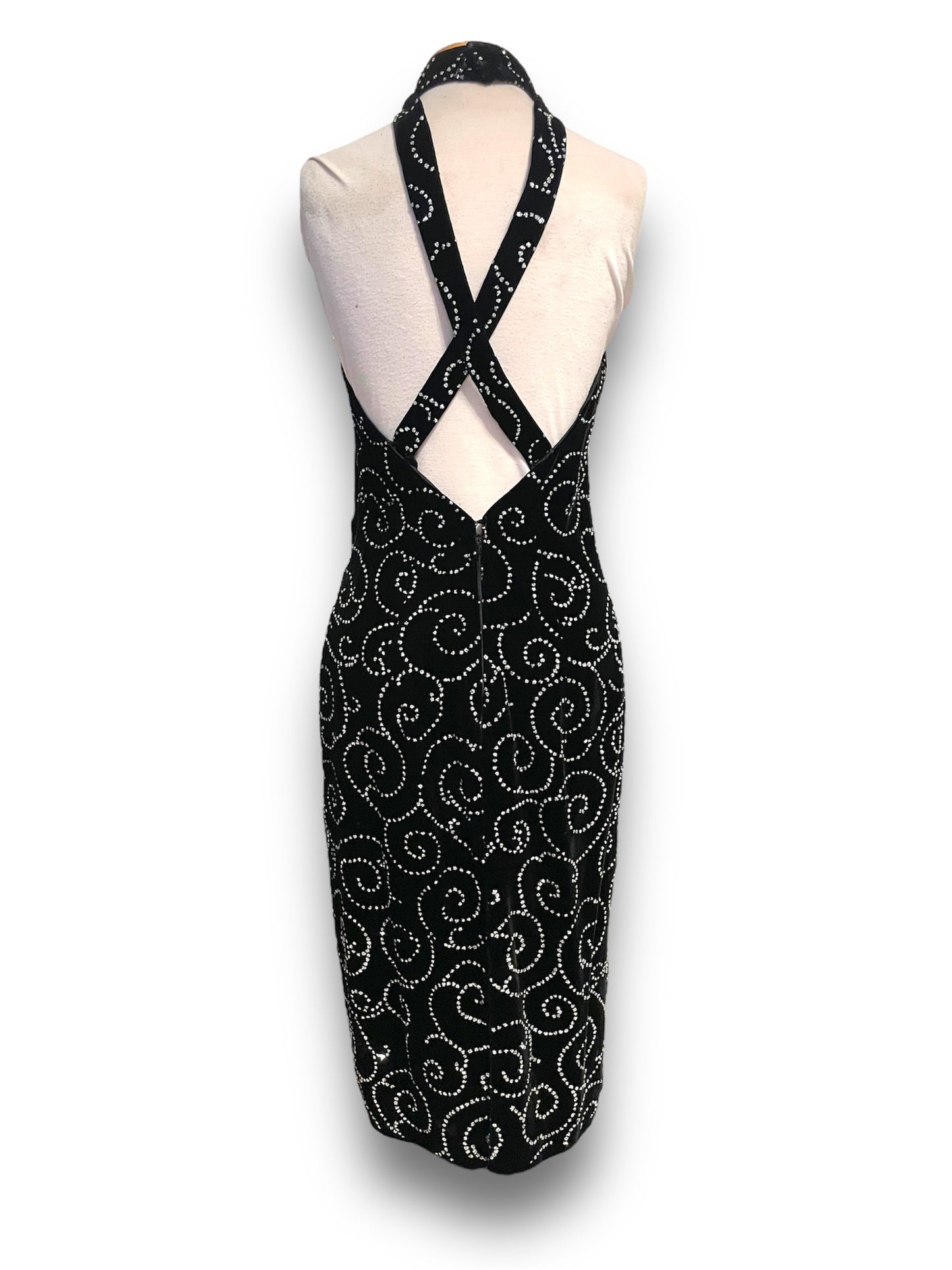 Vintage Black Velvet & Silver Glitter Swirl Party Dress