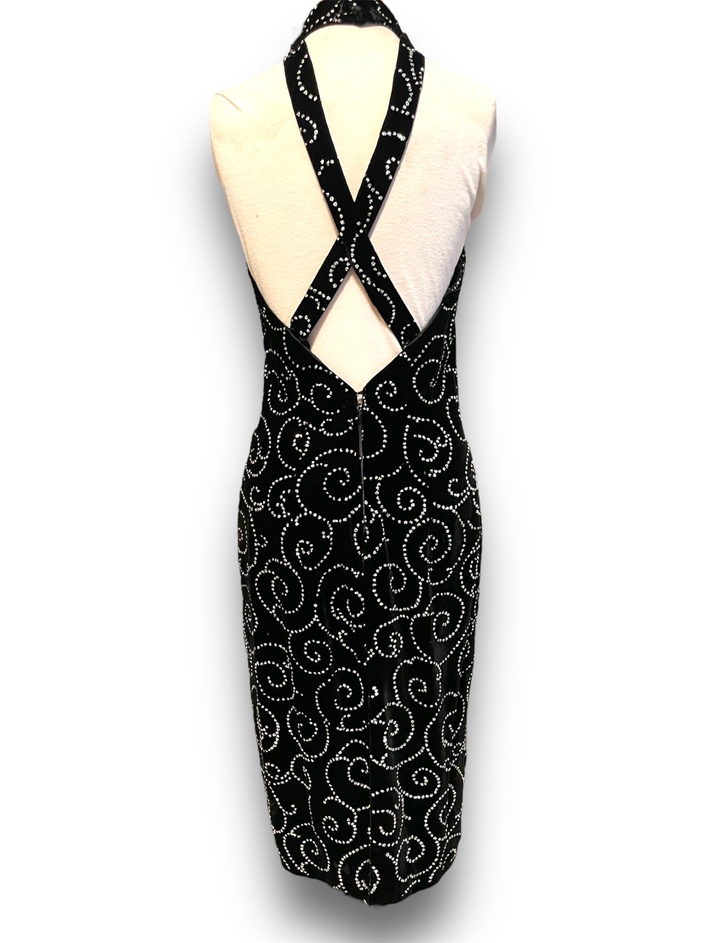Vintage Black Velvet & Silver Glitter Swirl Party Dress