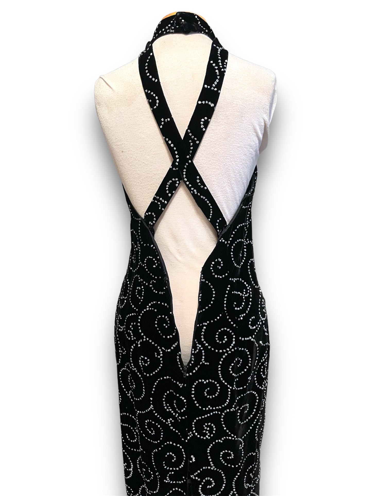 Vintage Black Velvet & Silver Glitter Swirl Party Dress
