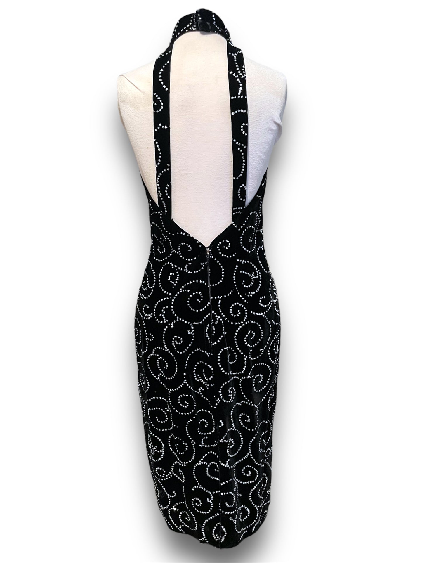 Vintage Black Velvet & Silver Glitter Swirl Party Dress