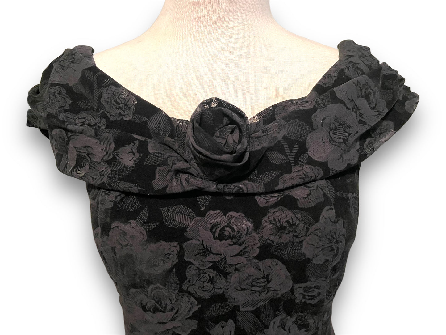 Vintage 1990’s Black Burnout Velvet Rose Pattern Party Dress