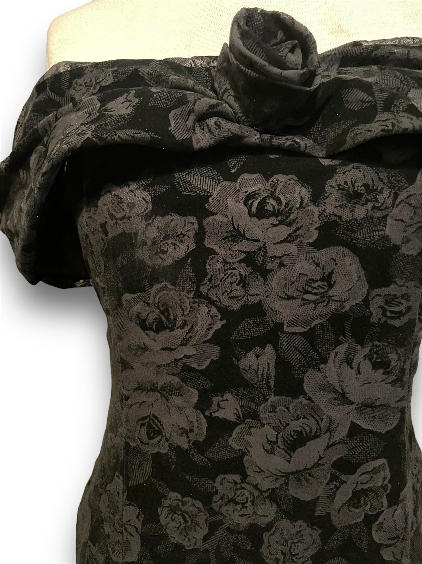 Vintage 1990’s Black Burnout Velvet Rose Pattern Party Dress