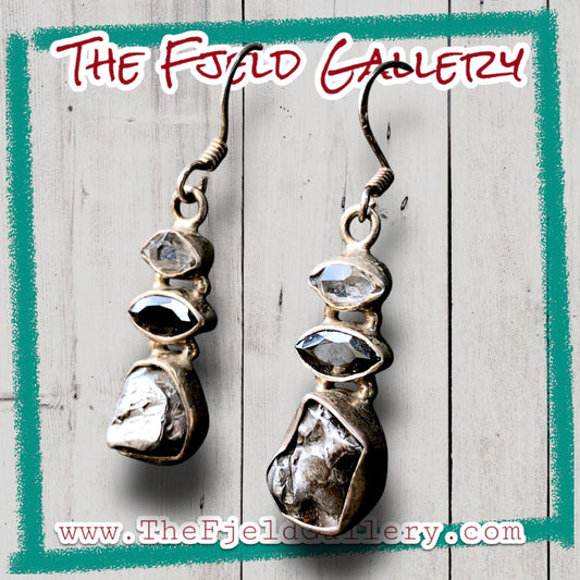 Sterling Silver Hercamer Diamond, Smokey Quartz & Meteorite Dangle Earrings