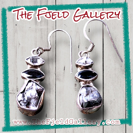 Sterling Silver Hercamer Diamond, Smokey Quartz & Meteorite Dangle Earrings