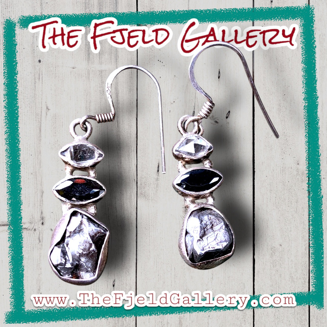 Sterling Silver Hercamer Diamond, Smokey Quartz & Meteorite Dangle Earrings