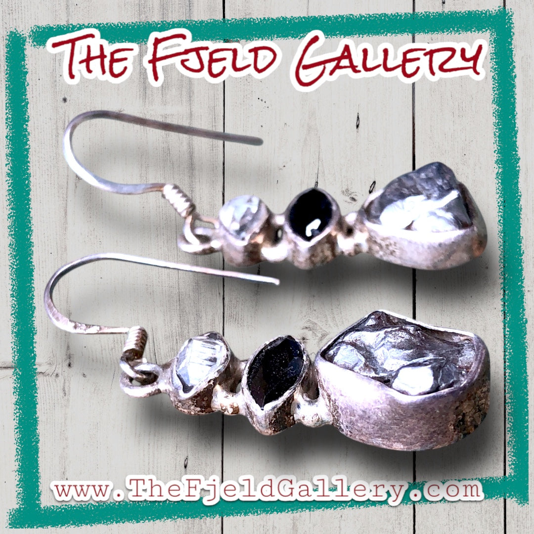 Sterling Silver Hercamer Diamond, Smokey Quartz & Meteorite Dangle Earrings