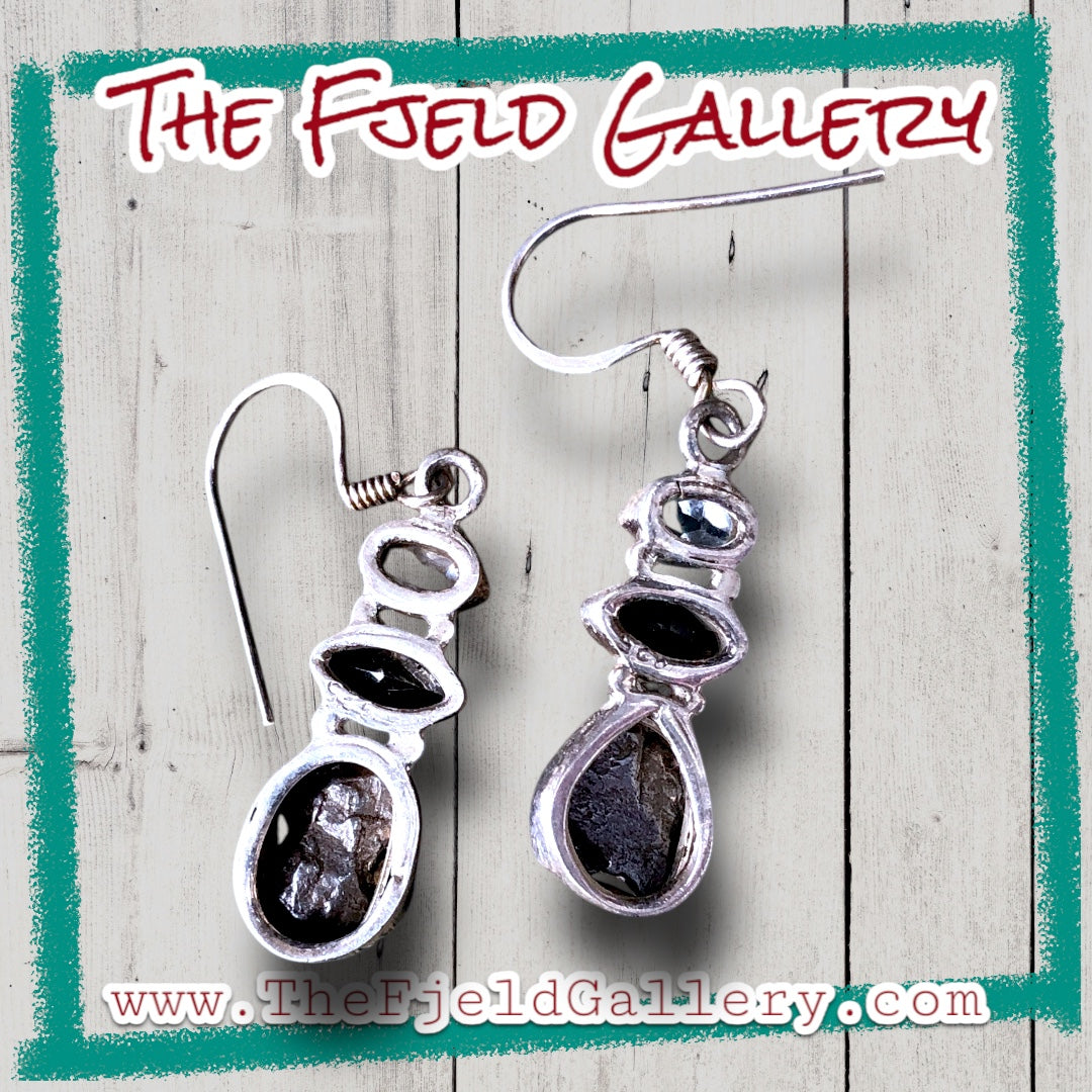 Sterling Silver Hercamer Diamond, Smokey Quartz & Meteorite Dangle Earrings
