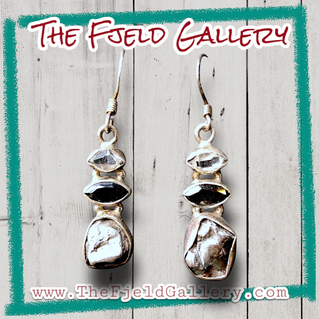 Sterling Silver Hercamer Diamond, Smokey Quartz & Meteorite Dangle Earrings