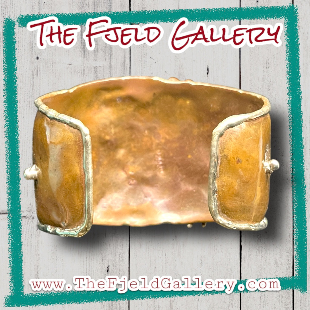 Arts & Crafts Brutalist Mixed Metal Copper & Brass Cuff w/ Quartz Crystal