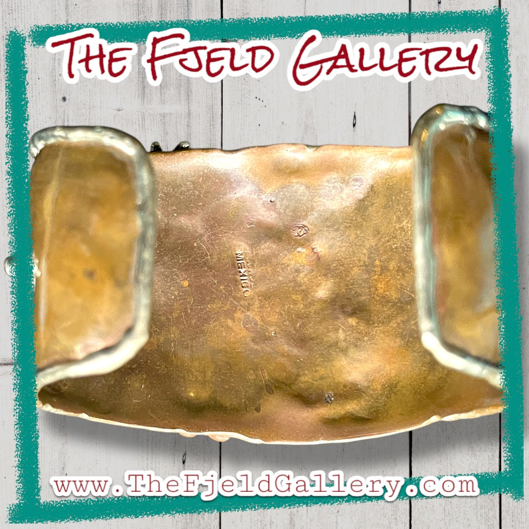 Arts & Crafts Brutalist Mixed Metal Copper & Brass Cuff w/ Quartz Crystal