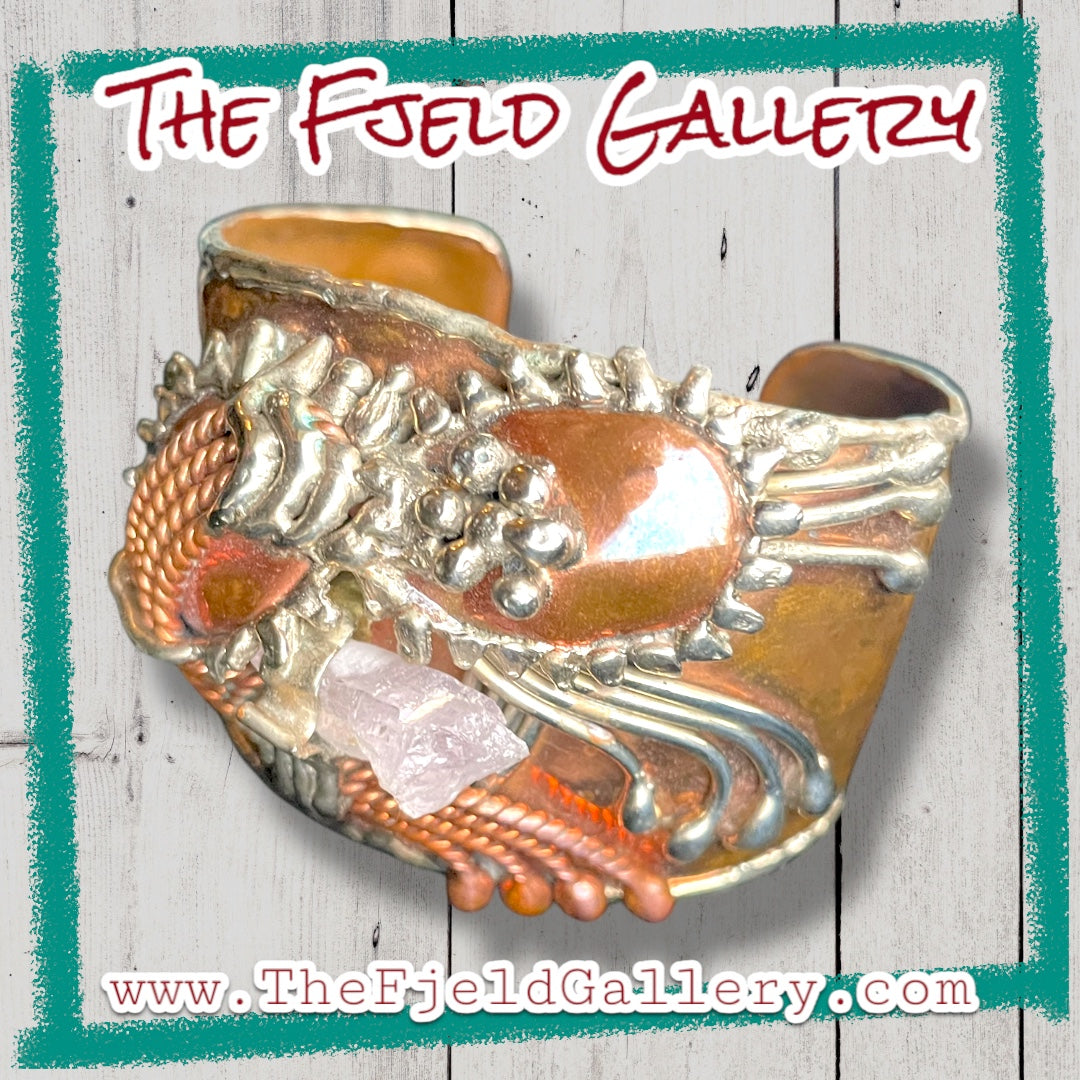 Arts & Crafts Brutalist Mixed Metal Copper & Brass Cuff w/ Quartz Crystal