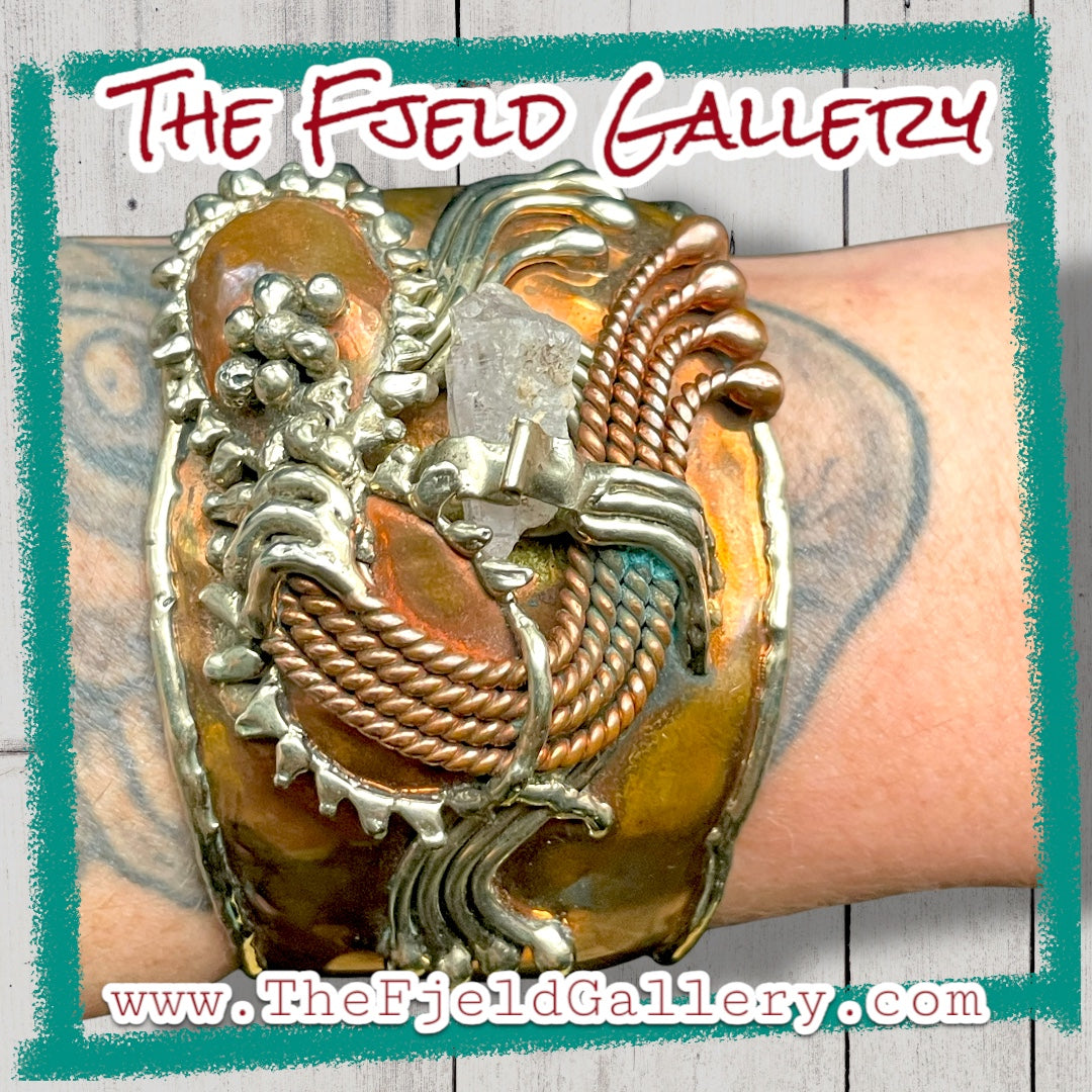 Arts & Crafts Brutalist Mixed Metal Copper & Brass Cuff w/ Quartz Crystal