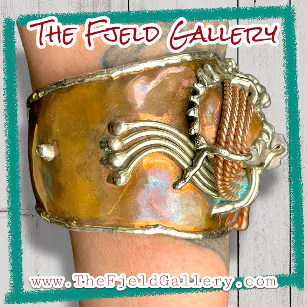 Arts & Crafts Brutalist Mixed Metal Copper & Brass Cuff w/ Quartz Crystal