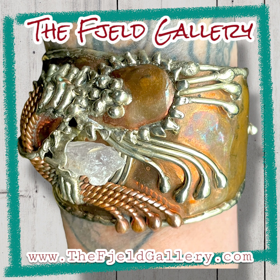 Arts & Crafts Brutalist Mixed Metal Copper & Brass Cuff w/ Quartz Crystal