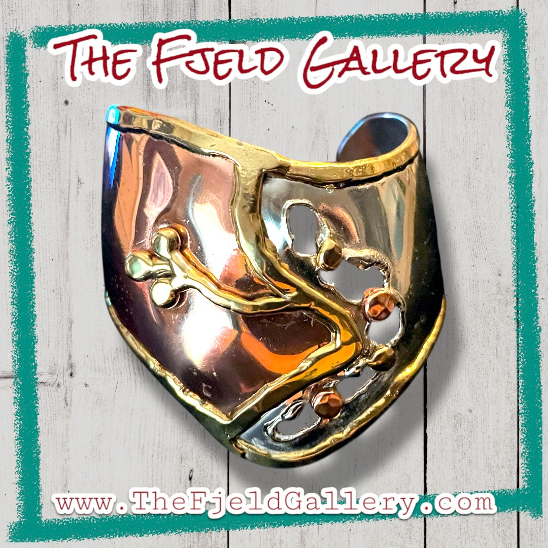 Arts & Crafts Brutalist Mixed Metal Copper & Brass Chevron Cuff