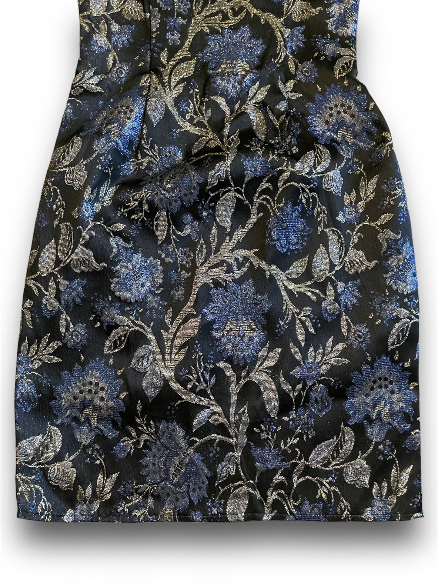 Vintage 1990’s Blue & Gold Floral Metallic Print Black Mini Dress