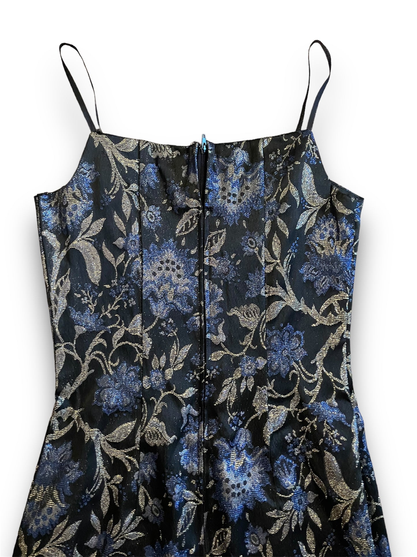 Vintage 1990’s Blue & Gold Floral Metallic Print Black Mini Dress