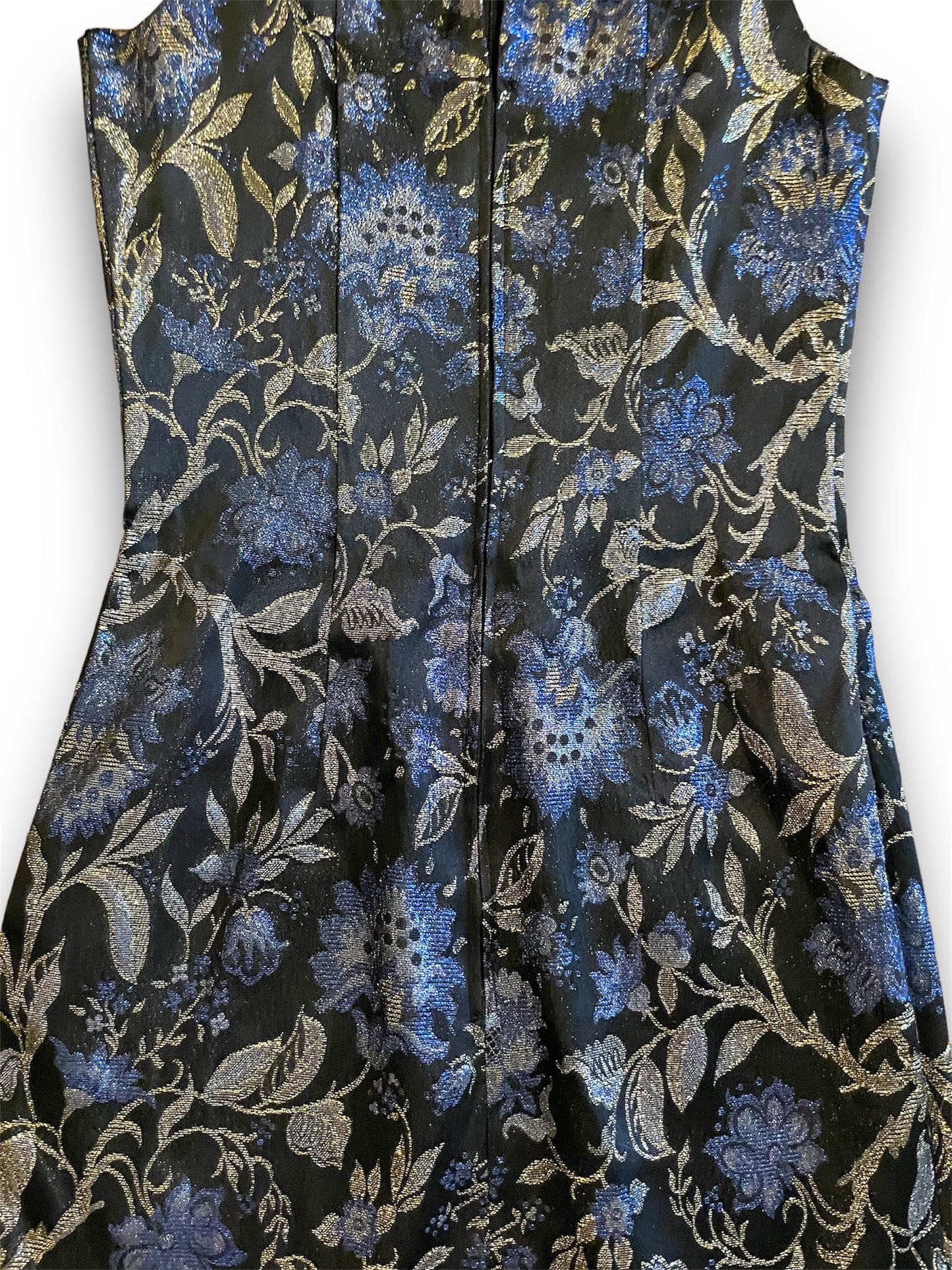 Vintage 1990’s Blue & Gold Floral Metallic Print Black Mini Dress