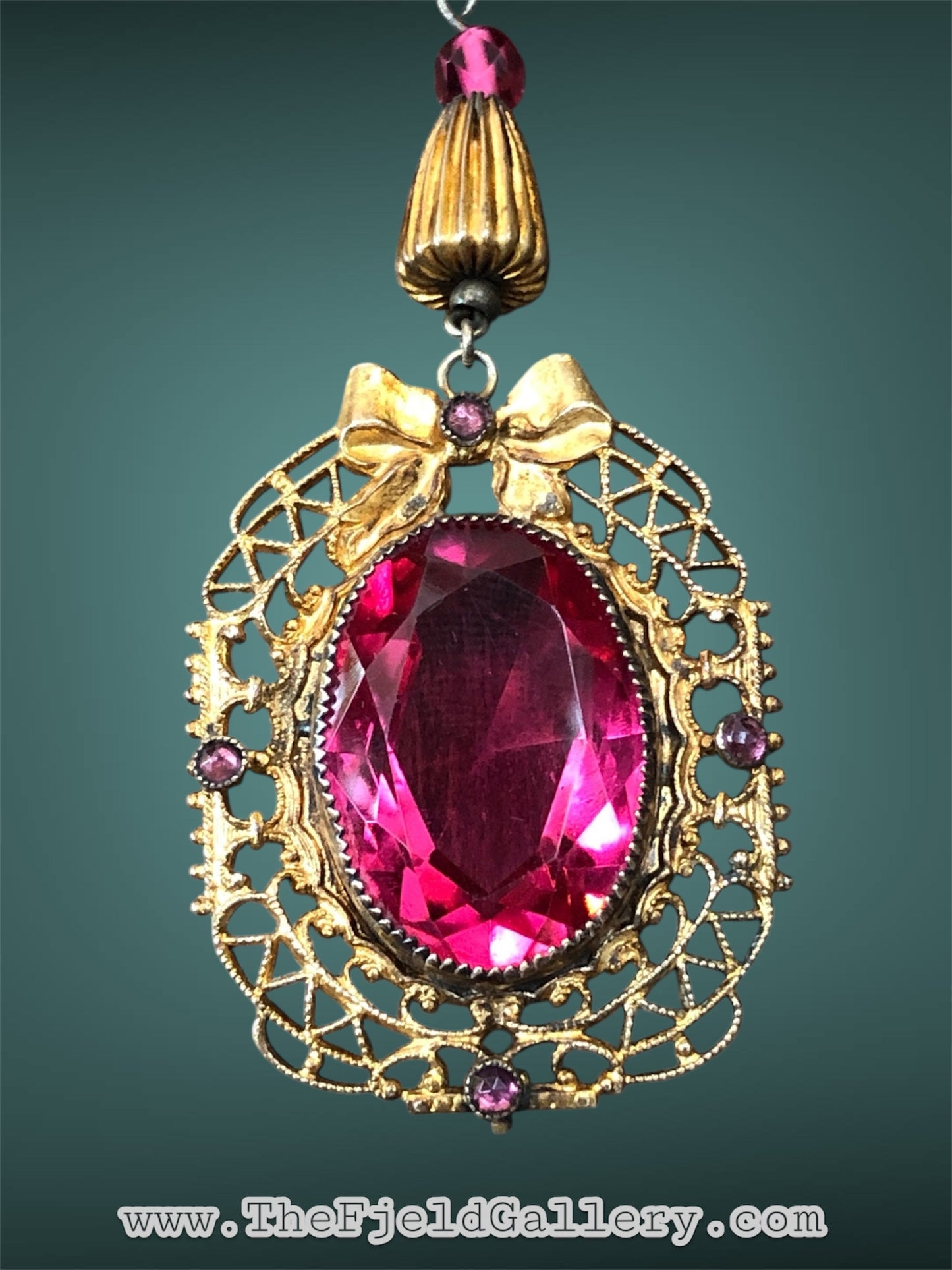 Art Nouveau Gilded Gold Bow Design Bright Pink Czech Art Glass Pendant & Beaded Necklace
