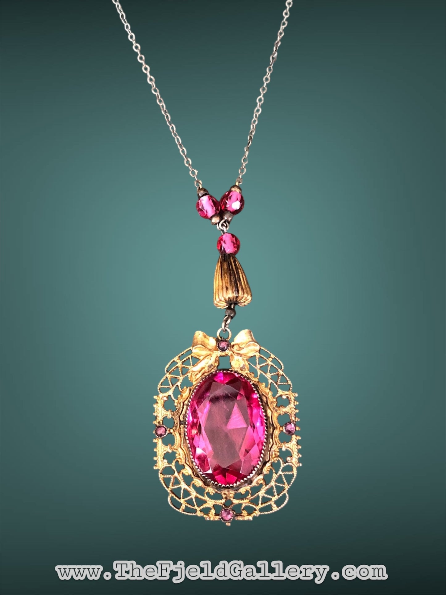 Art Nouveau Gilded Gold Bow Design Bright Pink Czech Art Glass Pendant & Beaded Necklace