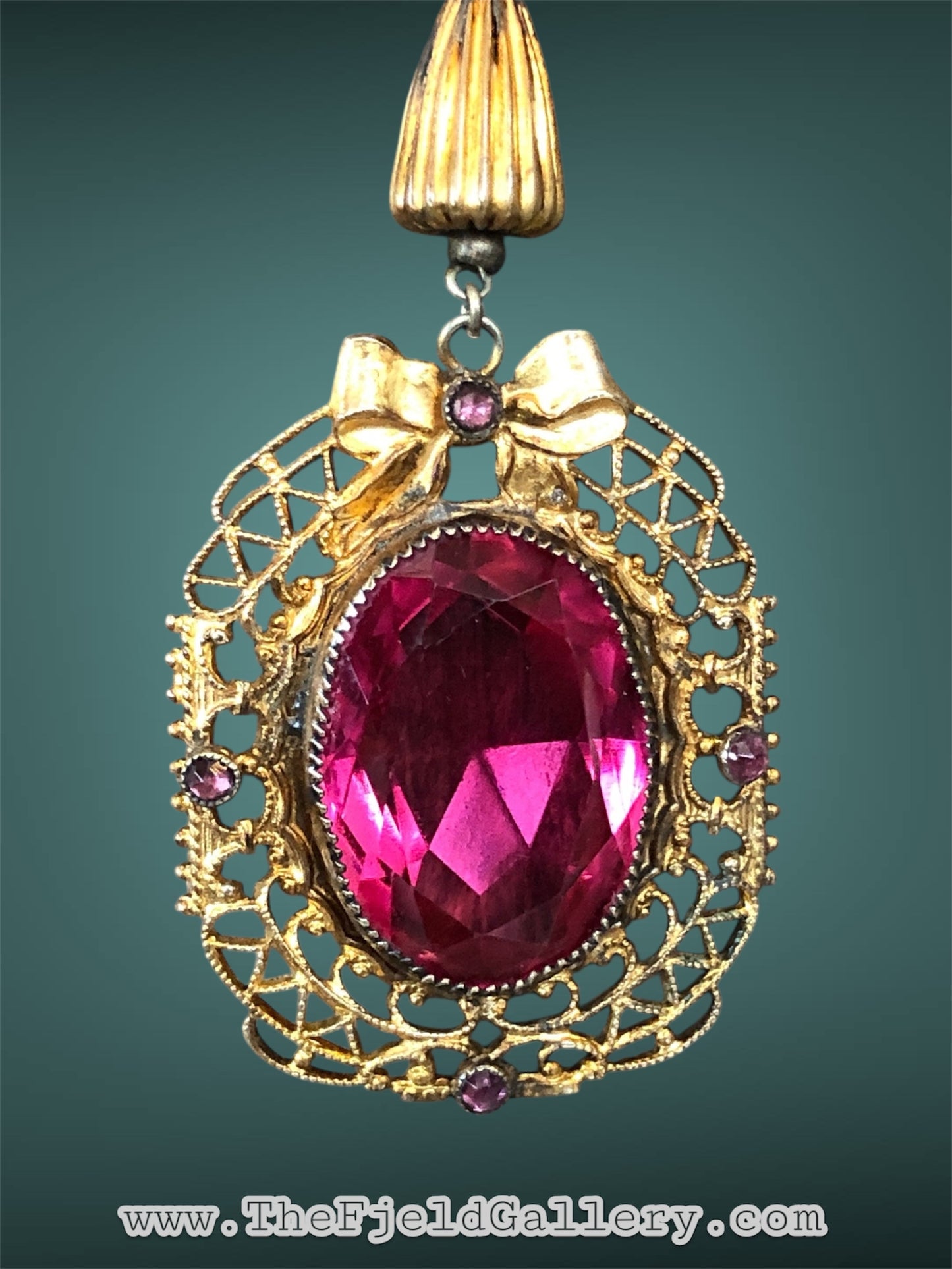 Art Nouveau Gilded Gold Bow Design Bright Pink Czech Art Glass Pendant & Beaded Necklace
