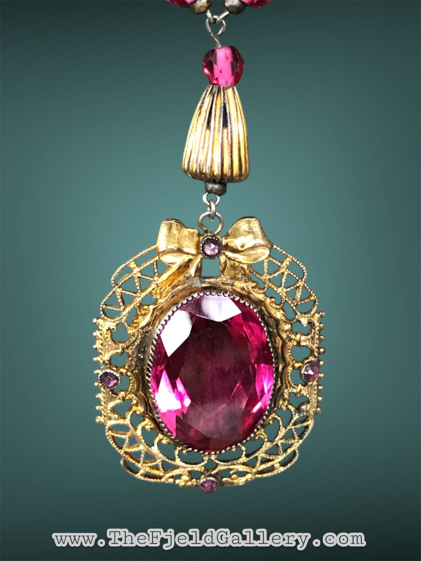 Art Nouveau Gilded Gold Bow Design Bright Pink Czech Art Glass Pendant & Beaded Necklace
