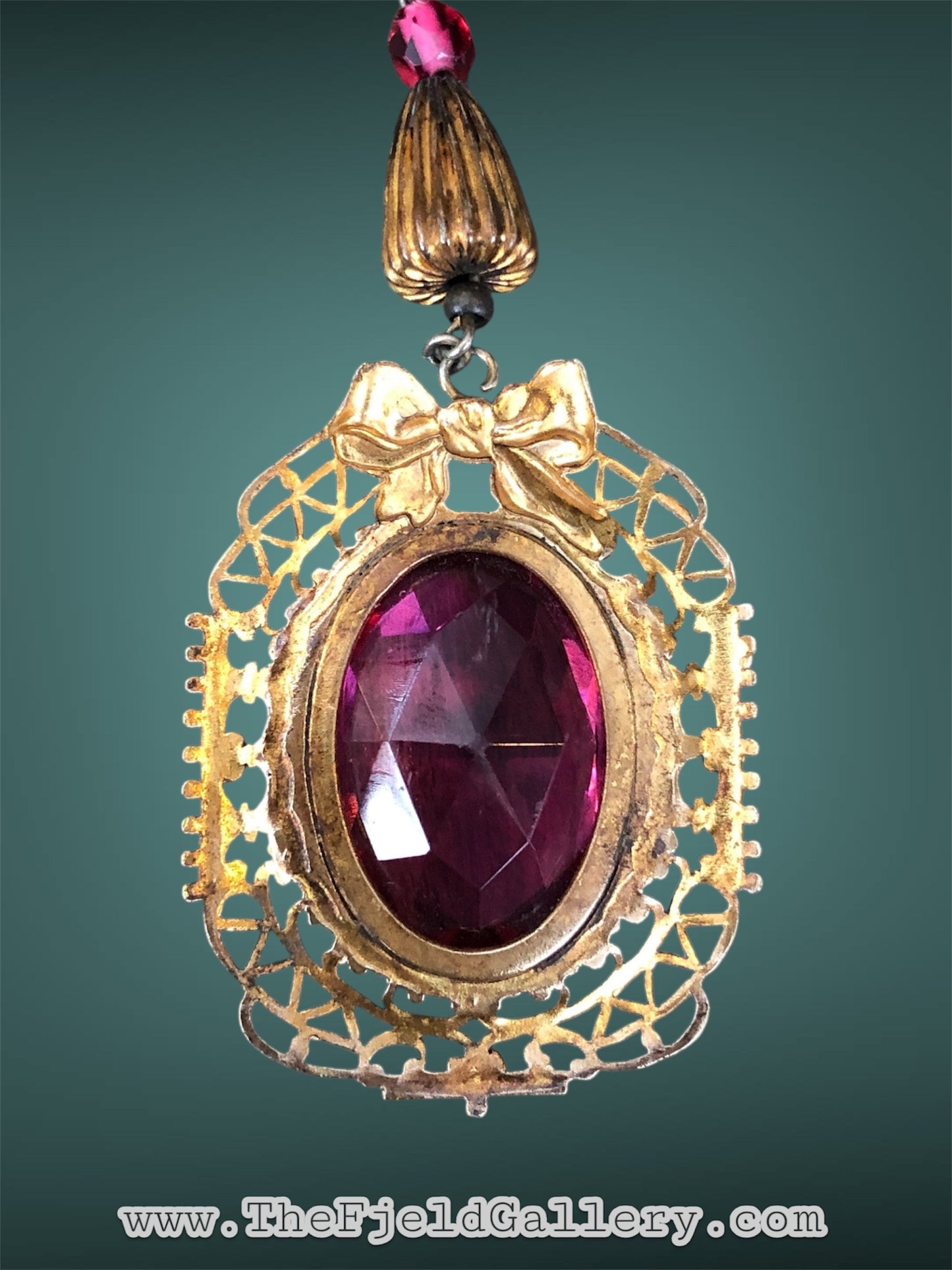 Art Nouveau Gilded Gold Bow Design Bright Pink Czech Art Glass Pendant & Beaded Necklace