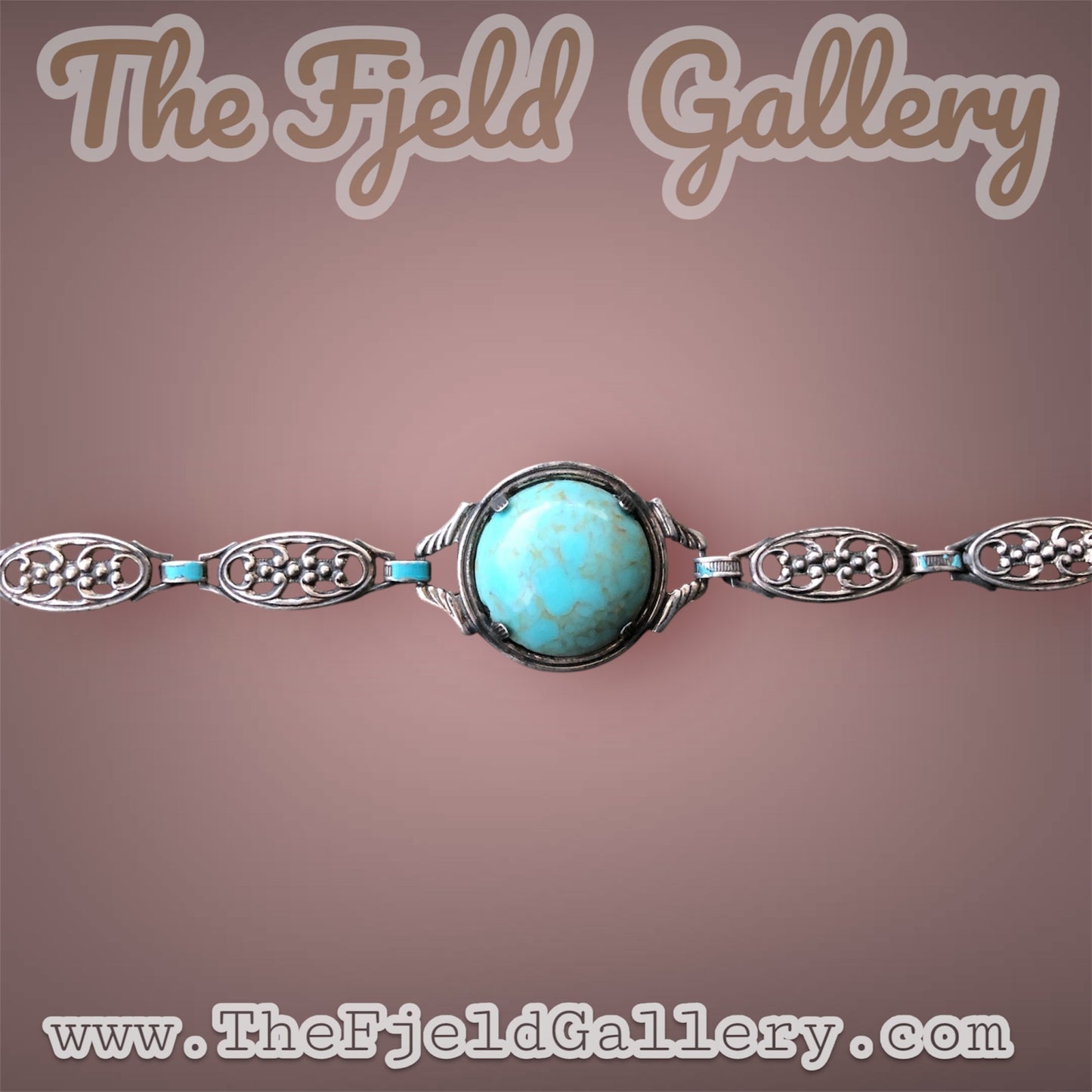 Antique Sterling Silver Art Nouveau Link Bracelet with Turquoise Blue Czech Art Hubbell Glass & Enamel
