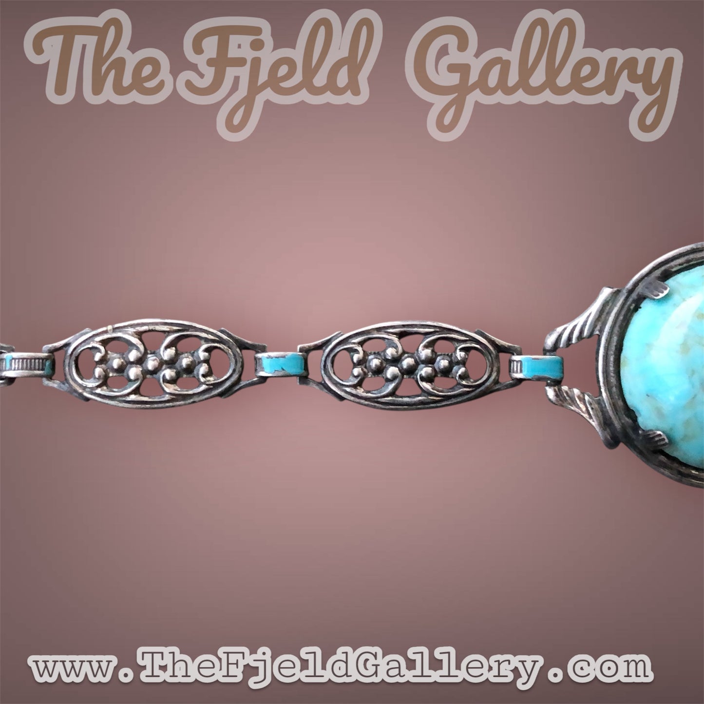 Antique Sterling Silver Art Nouveau Link Bracelet with Turquoise Blue Czech Art Hubbell Glass & Enamel