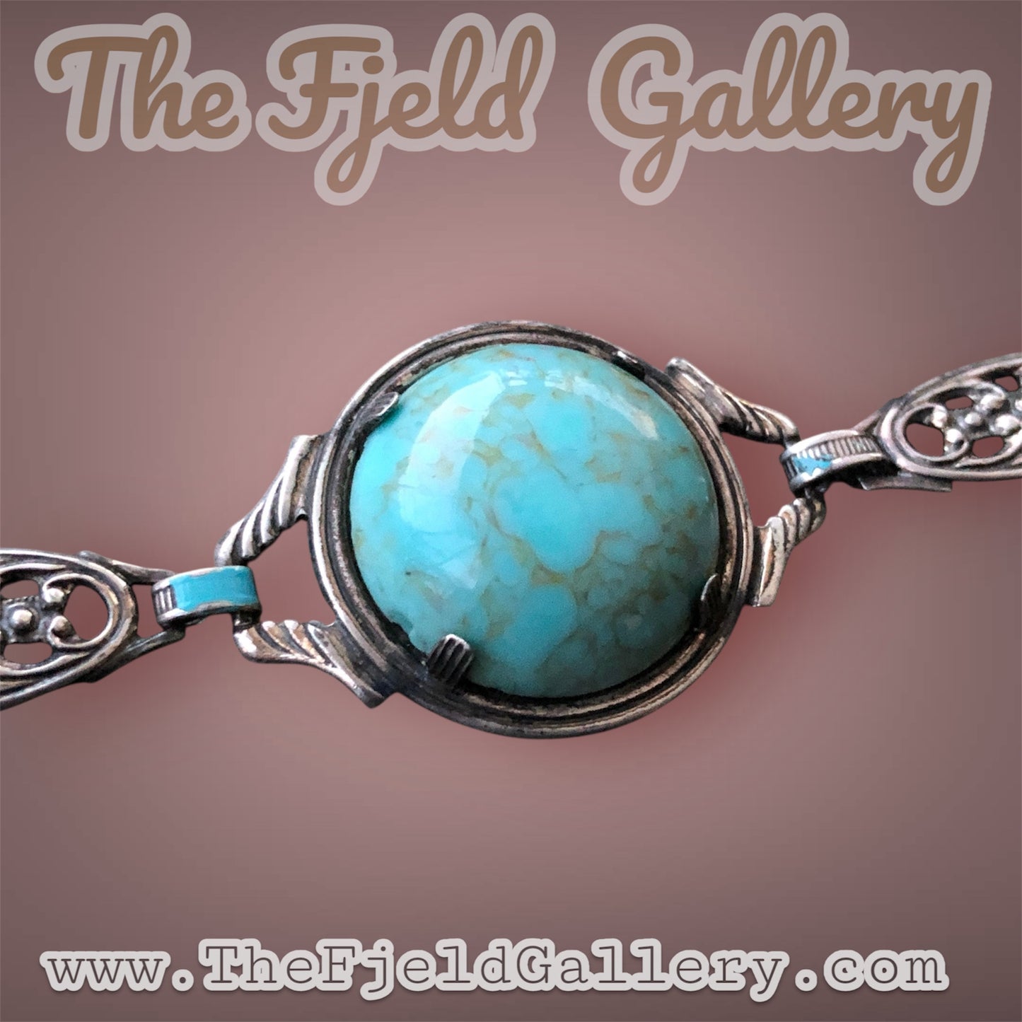 Antique Sterling Silver Art Nouveau Link Bracelet with Turquoise Blue Czech Art Hubbell Glass & Enamel