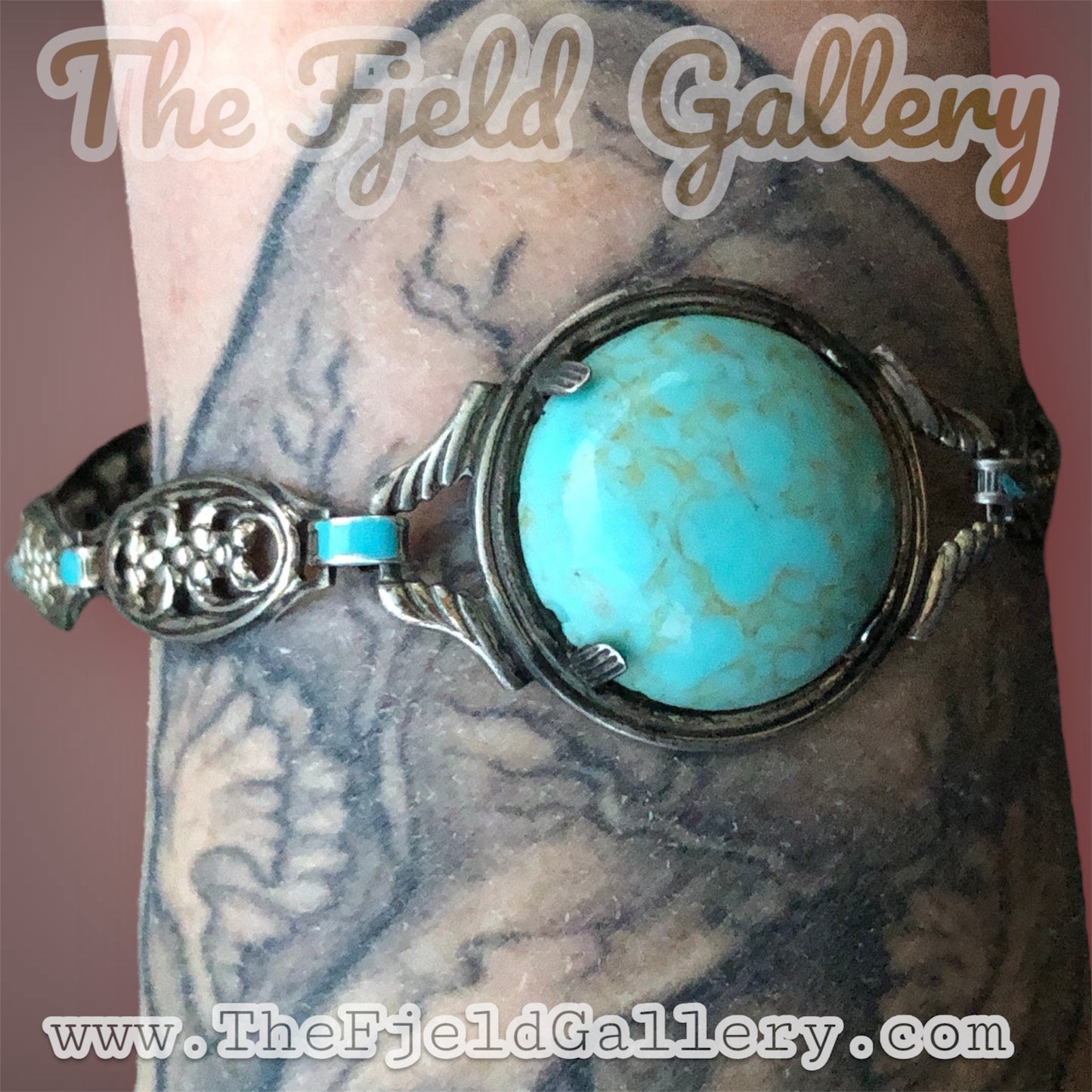 Antique Sterling Silver Art Nouveau Link Bracelet with Turquoise Blue Czech Art Hubbell Glass & Enamel